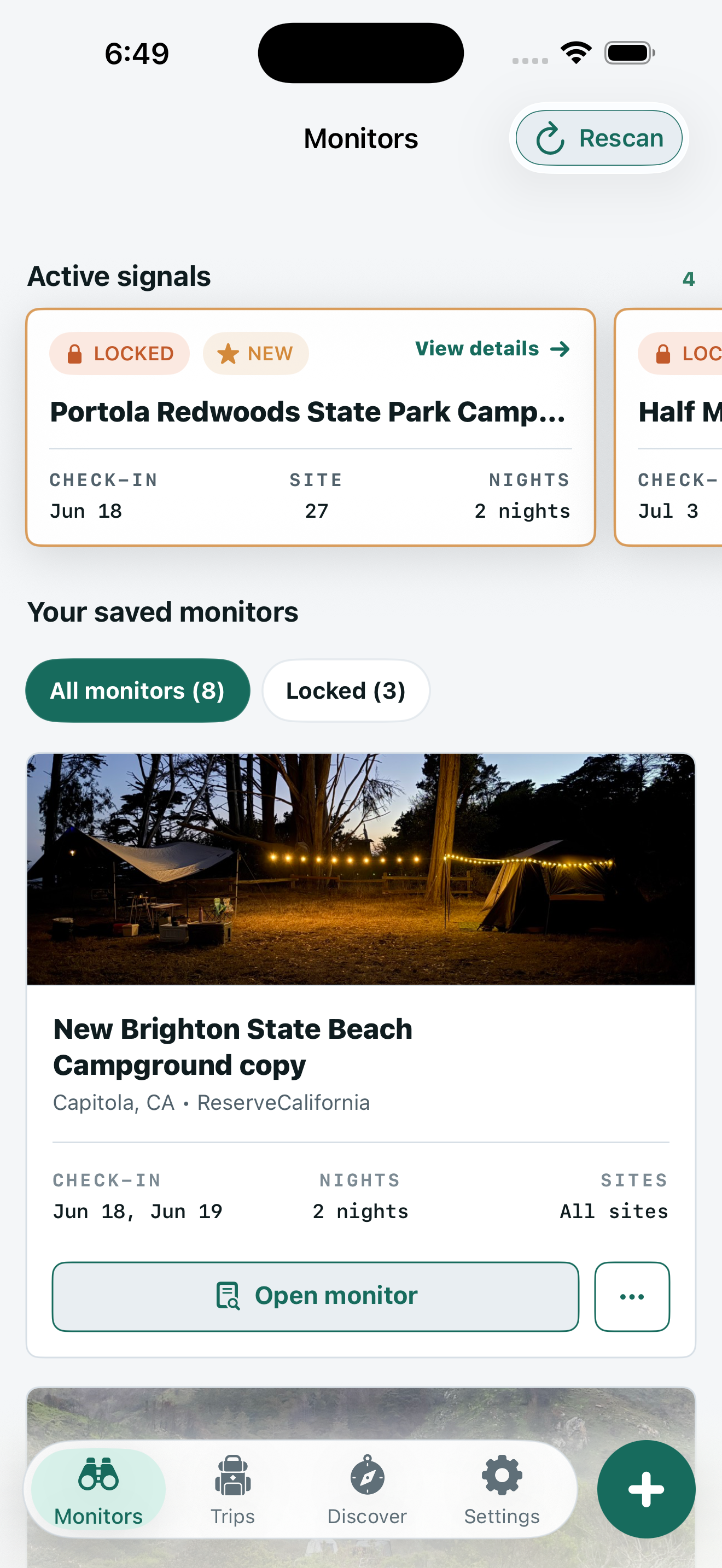 CampGlint iOS monitors list screen