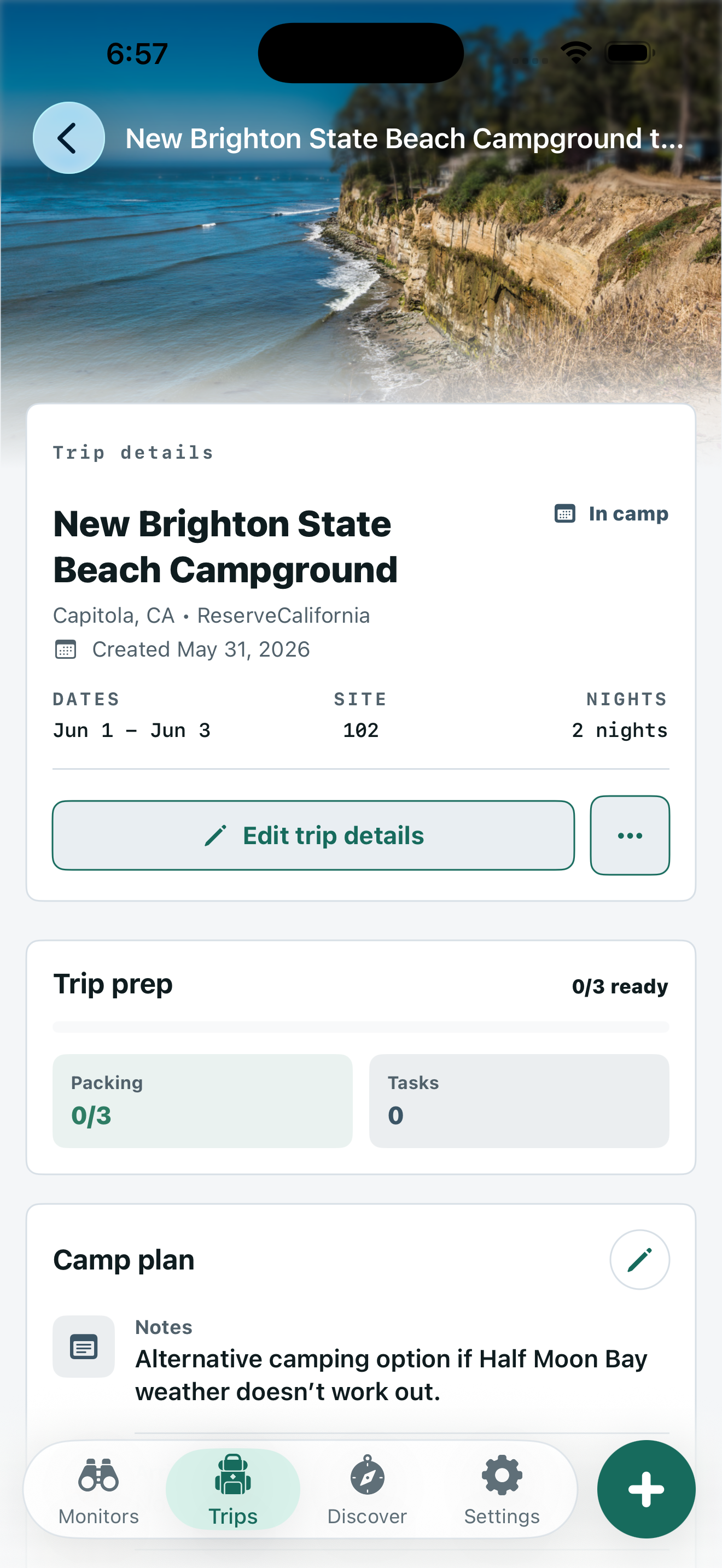 CampGlint iOS trip detail screen