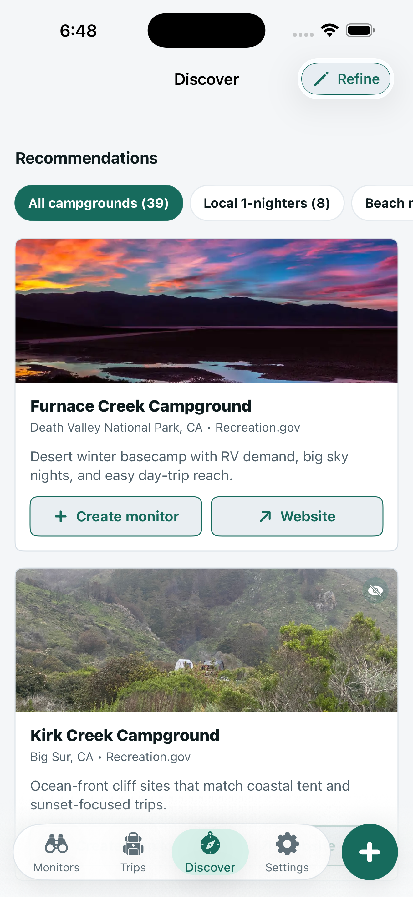 CampGlint iOS discover recommendations screen