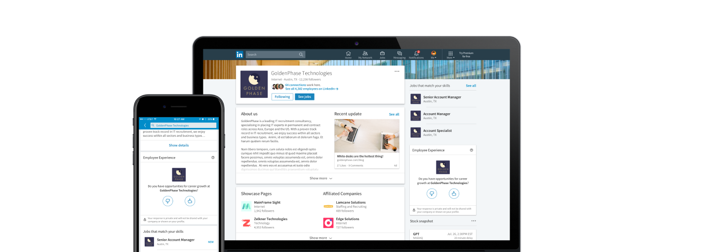 LinkedIn Employee Experience desktop and mobile Company Page pilot mocks