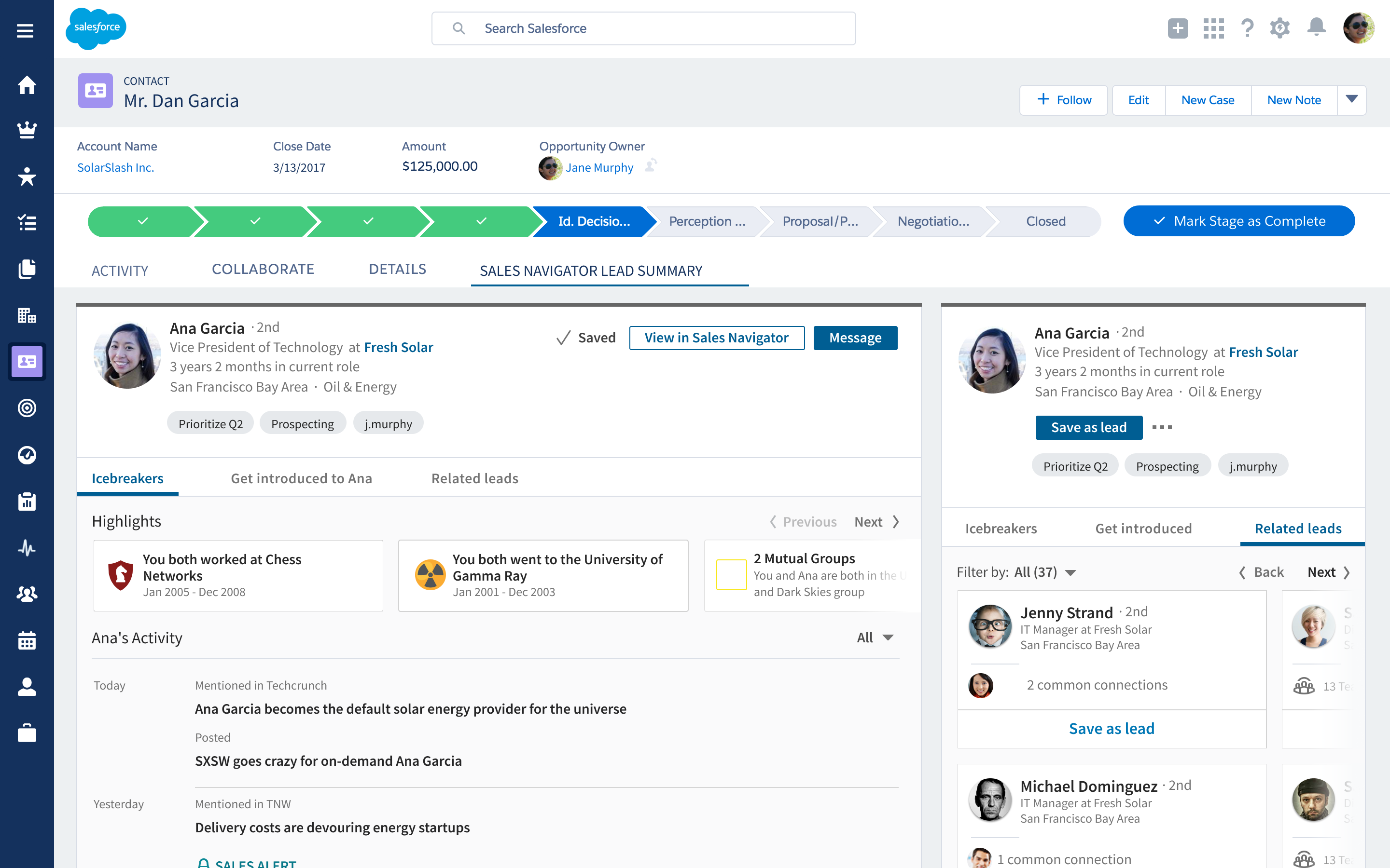 Sales Navigator CRM widgets embedded in Salesforce account and contact records