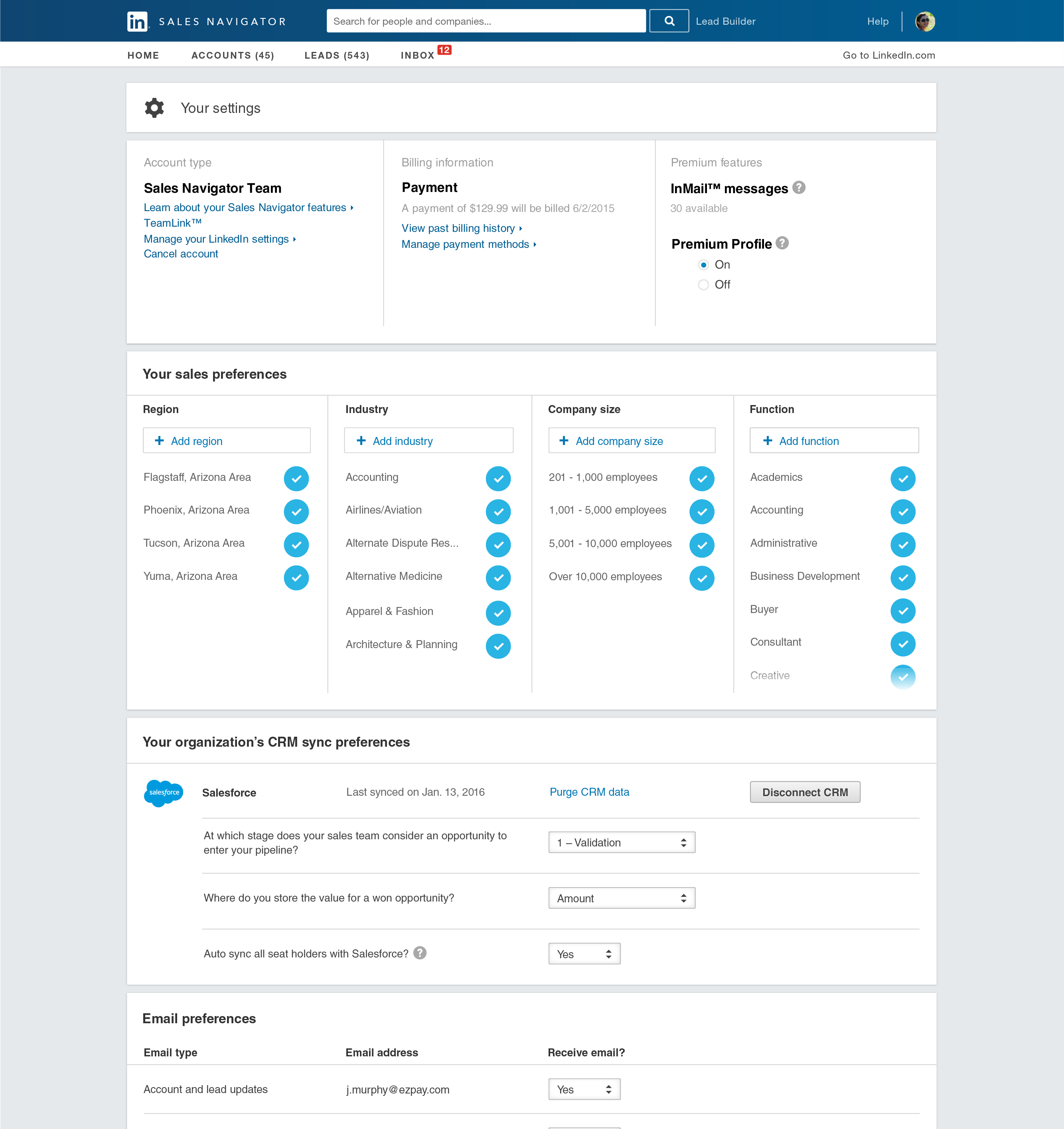 Early Sales Navigator settings page with sales preferences and CRM sync preferences