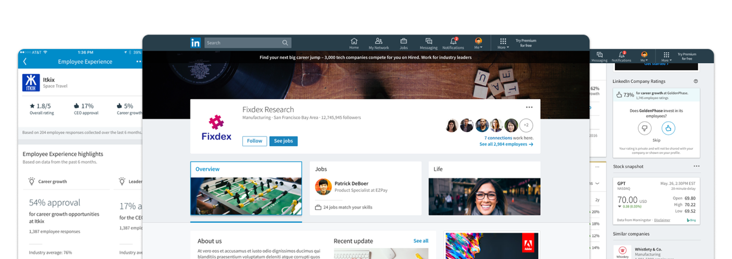 LinkedIn Career Pages composite showing desktop, mobile, ratings, and employer brand surfaces