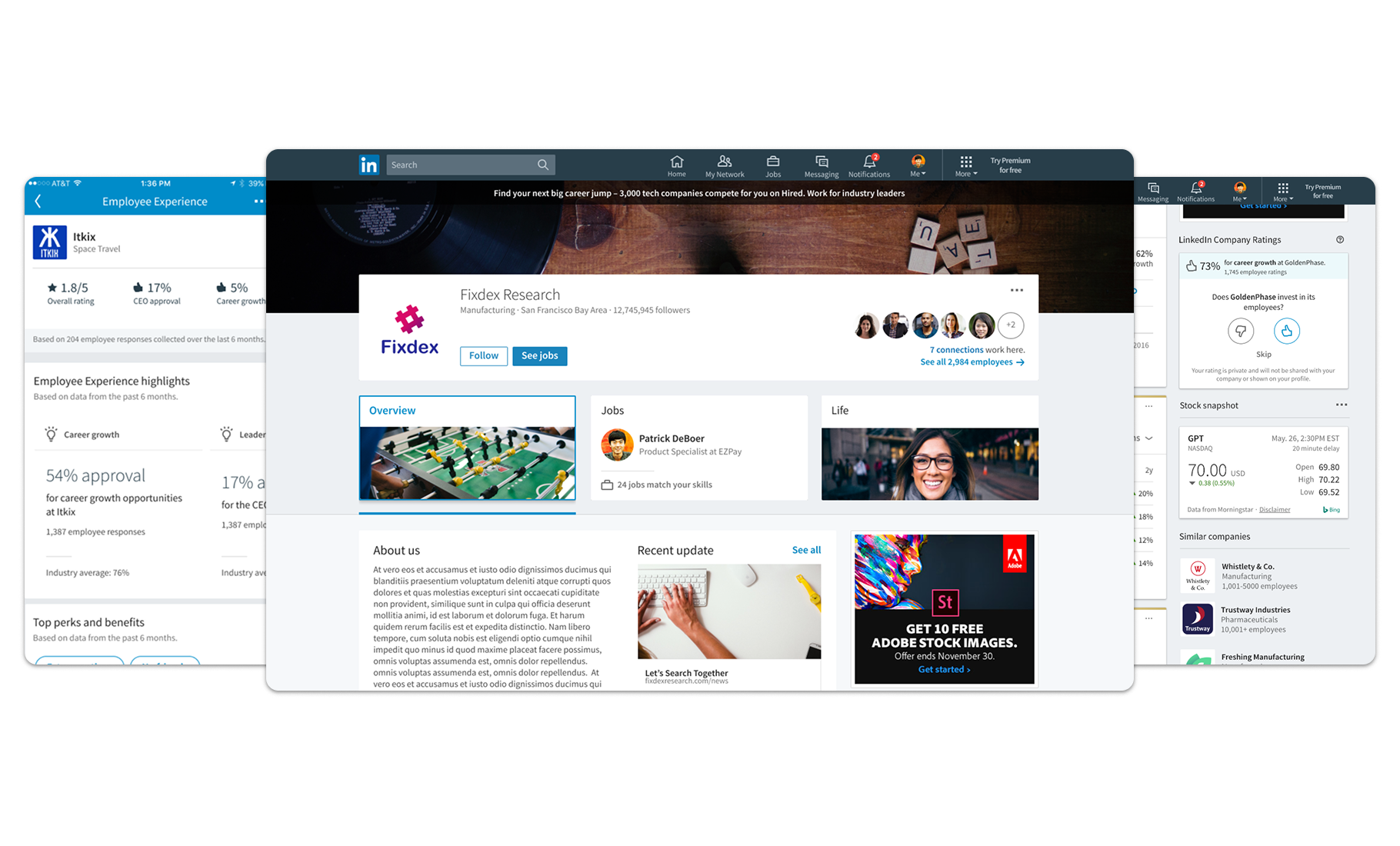 LinkedIn Career Pages composite showing desktop, mobile, ratings, and employer brand surfaces
