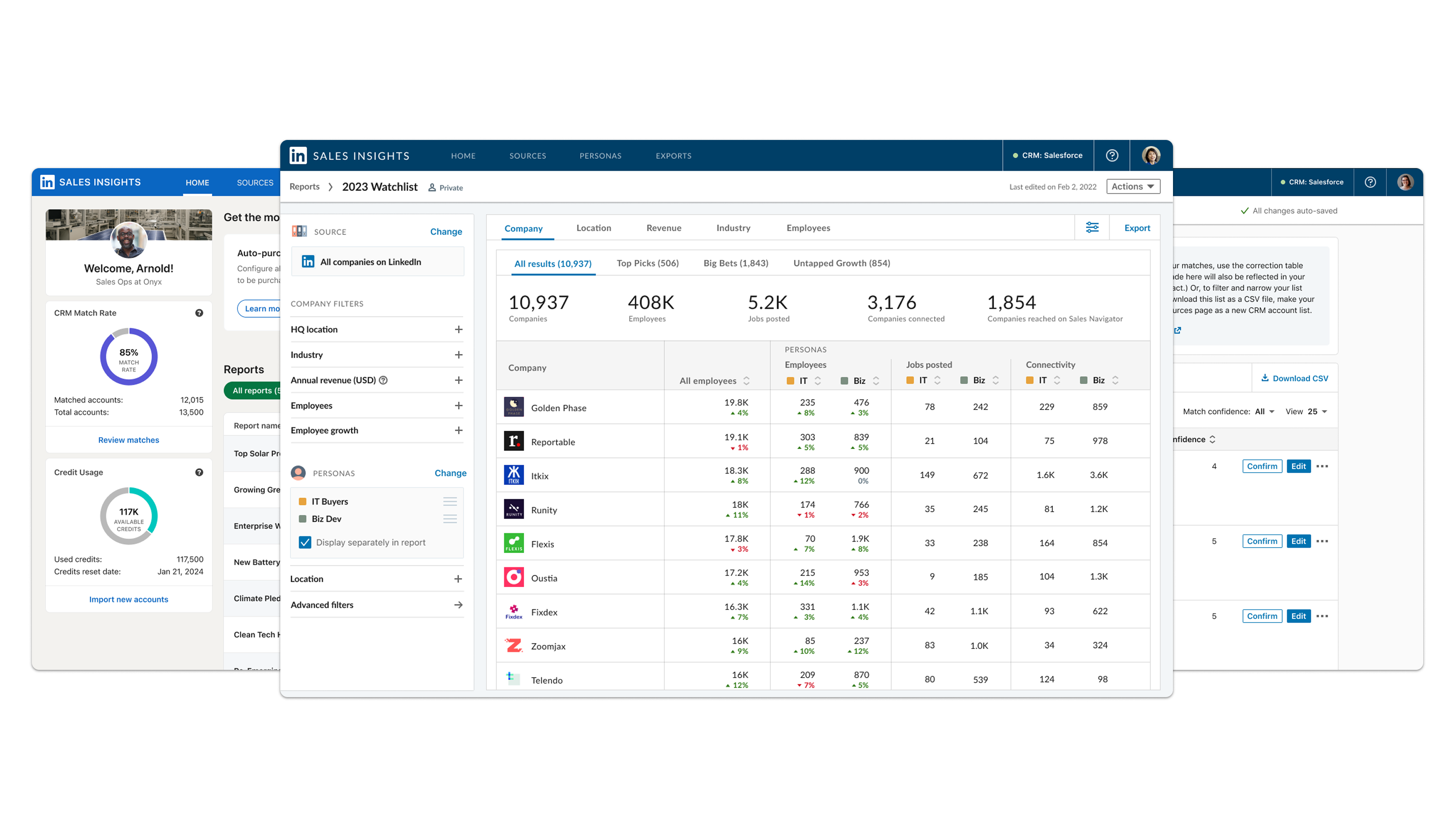 LinkedIn Sales Insights report interface with account filters, personas, market sizing, and account table