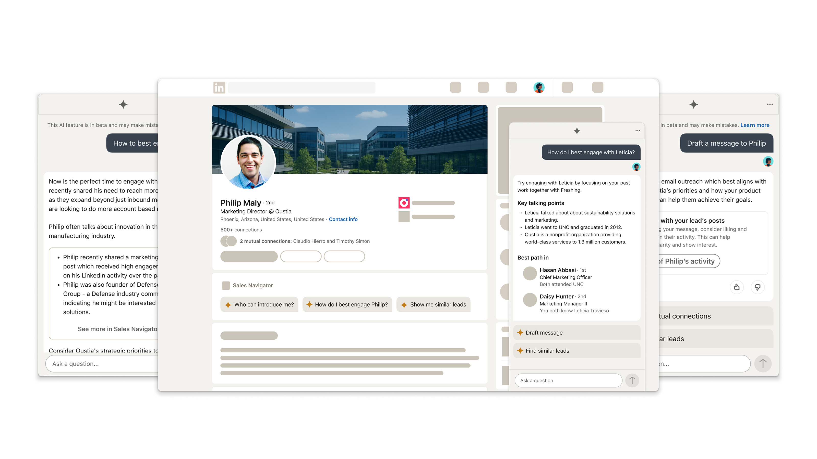 Seller Agent concept embedded beside a LinkedIn profile with prompts, relationship paths, and draft actions